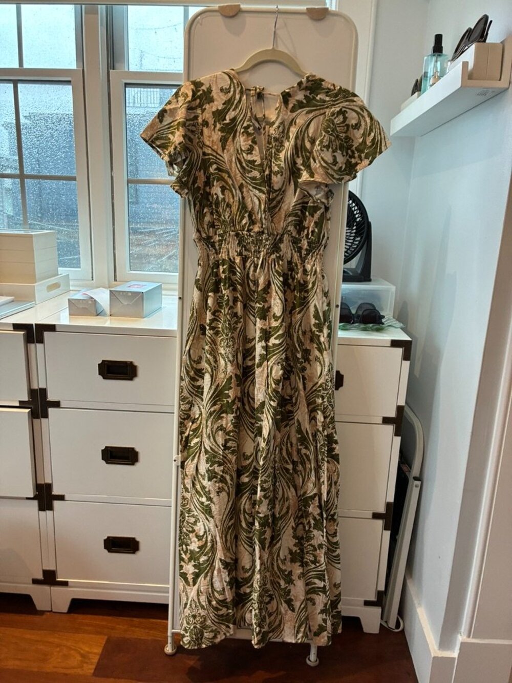 NWOT Linen Flutter Sleeve Long Dress in Blush & Green Pattern from Provence